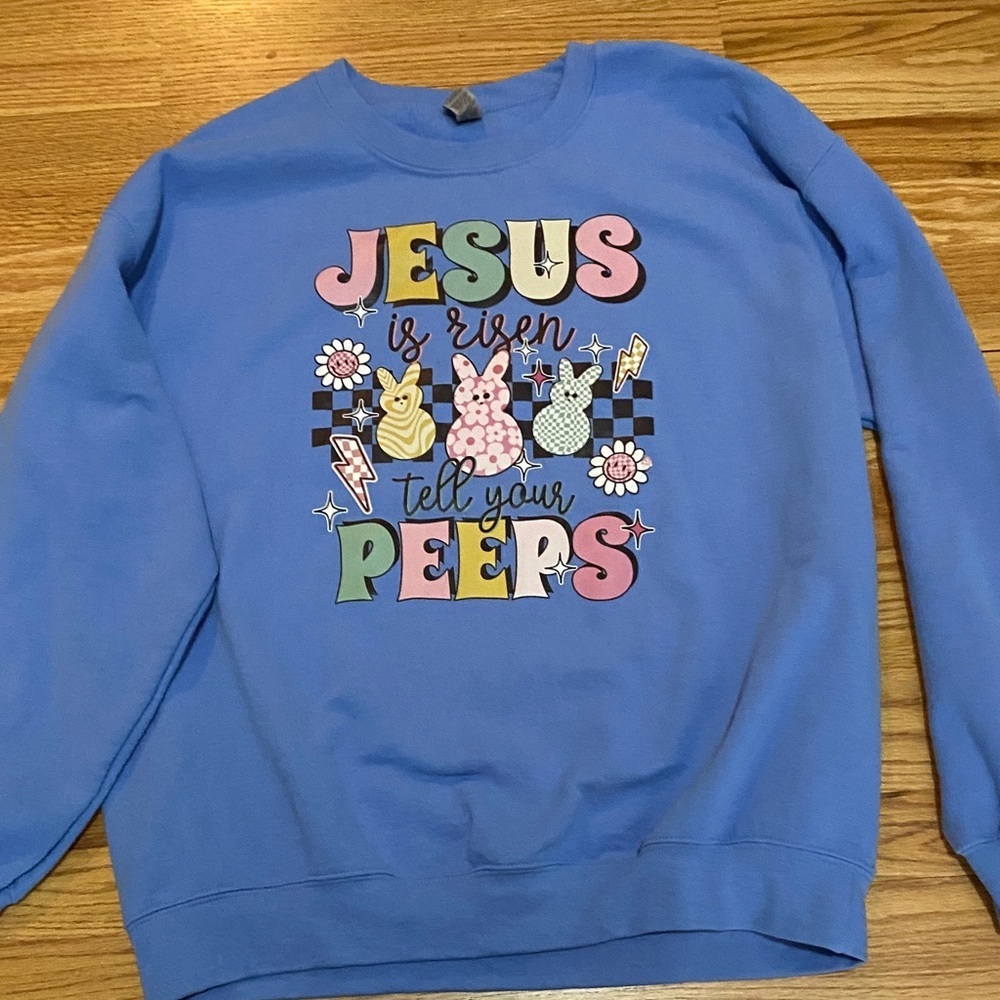 Gildan Blue Graphic Crewneck Easter sweatshirt.